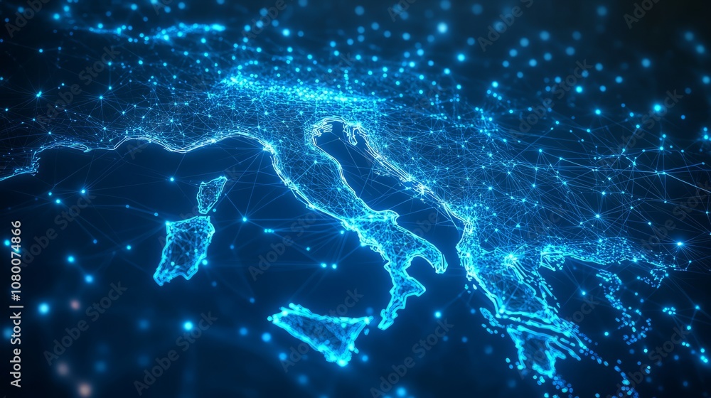 Poster a 3d network map, with glowing mesh lines and points, on a sleek blue tech background