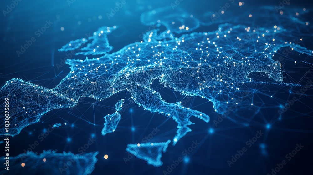 Poster a 3d network map, with glowing mesh lines and points, on a sleek blue tech background