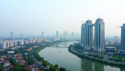 Naklejka premium Elegant cityscape with modern architecture and serene river
