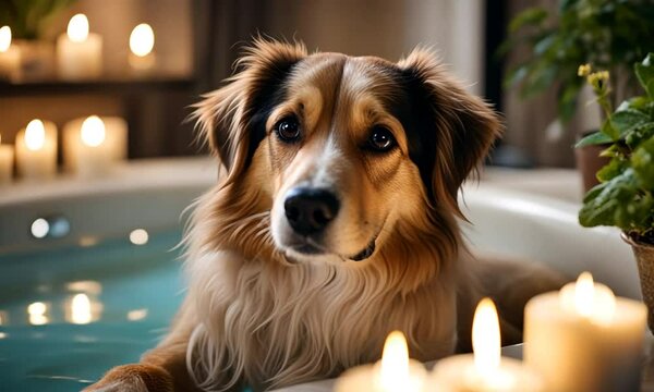 Dog taking a bath in a bathtub.