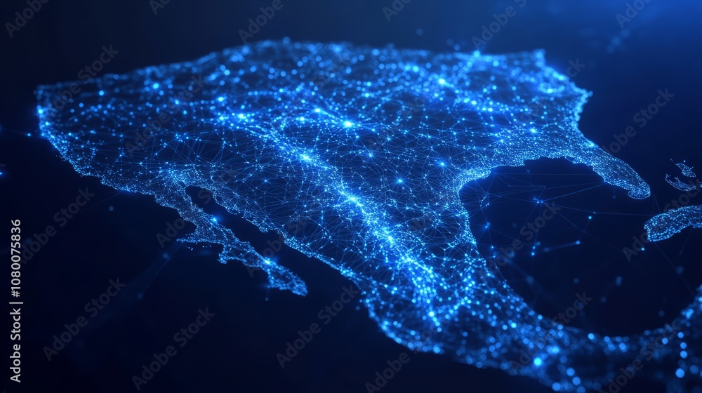 Poster a 3d network map, with glowing mesh lines and points, on a sleek blue tech background