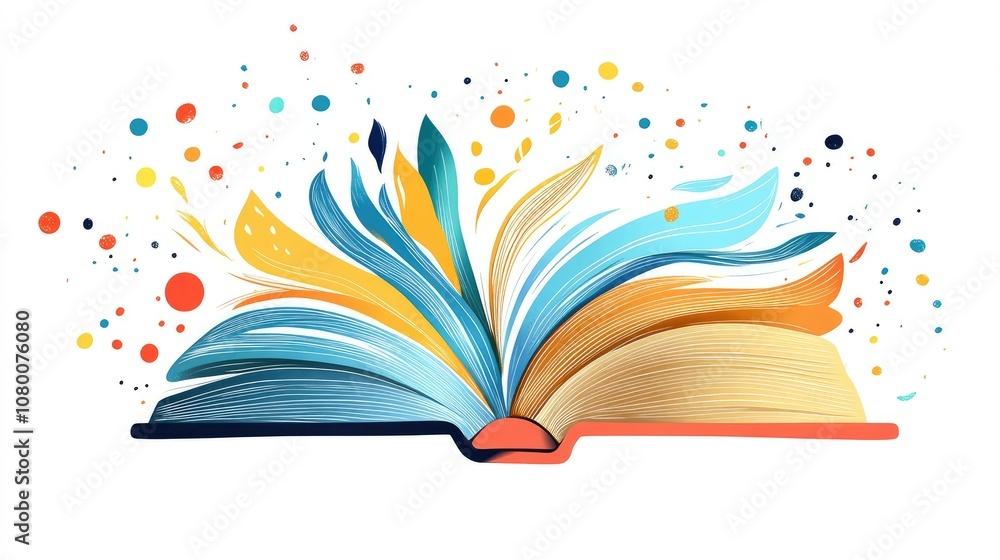 Poster vibrant open book with colorful pages and abstract elements representing imagination, knowledge, and