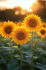 Obraz premium Sunflowers in bloom, closeup, summer warmth, golden light