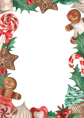 A template for a Christmas greeting card. The frame consists of festive sweets. Gingerbread, cupcake, lollipops, sweets, holly, painted in watercolor on a white background. For congratulations
