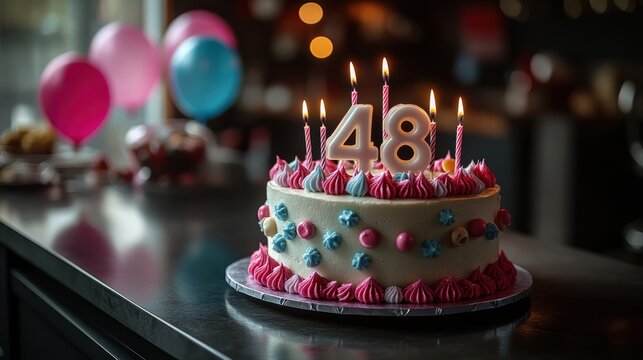Birthday cake with candles and balloons for 48th birthday celebration.