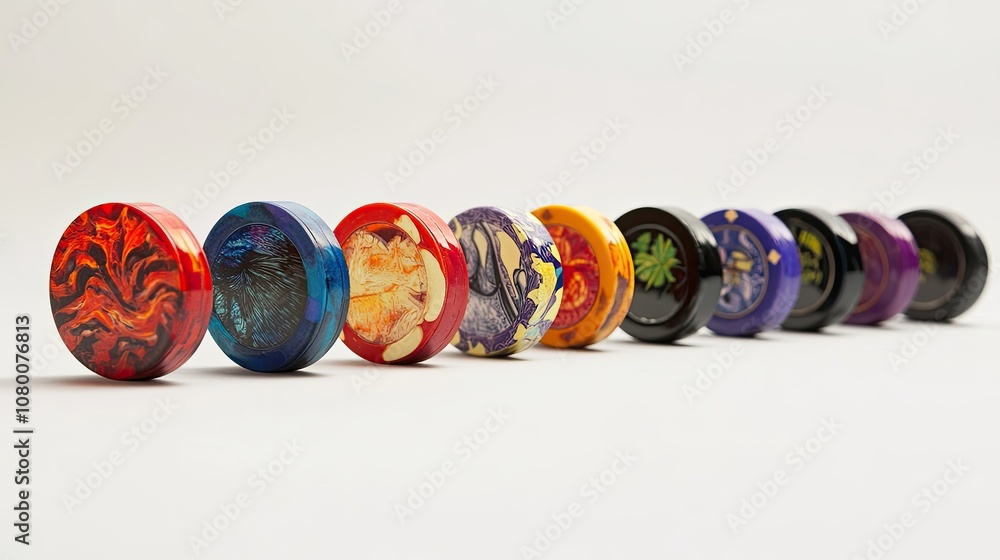 Aufkleber colorful artistic game pieces displayed in a row highlighting unique designs and textures for creati