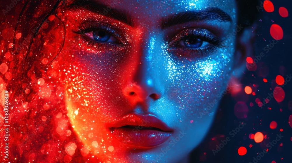 Poster Colorful close-up portrait with glitter and bokeh effect