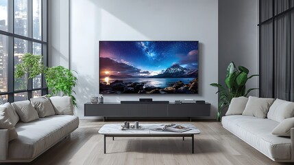 Fototapeta premium Elegant modern living room interior with large TV screen and comfortable sofa, home entertainment concept, 3D rendering. 8k Resolution