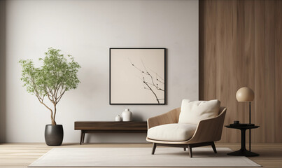 Modern Living Room Interior Design with Wooden Furniture White Armchair and Floor Lamp