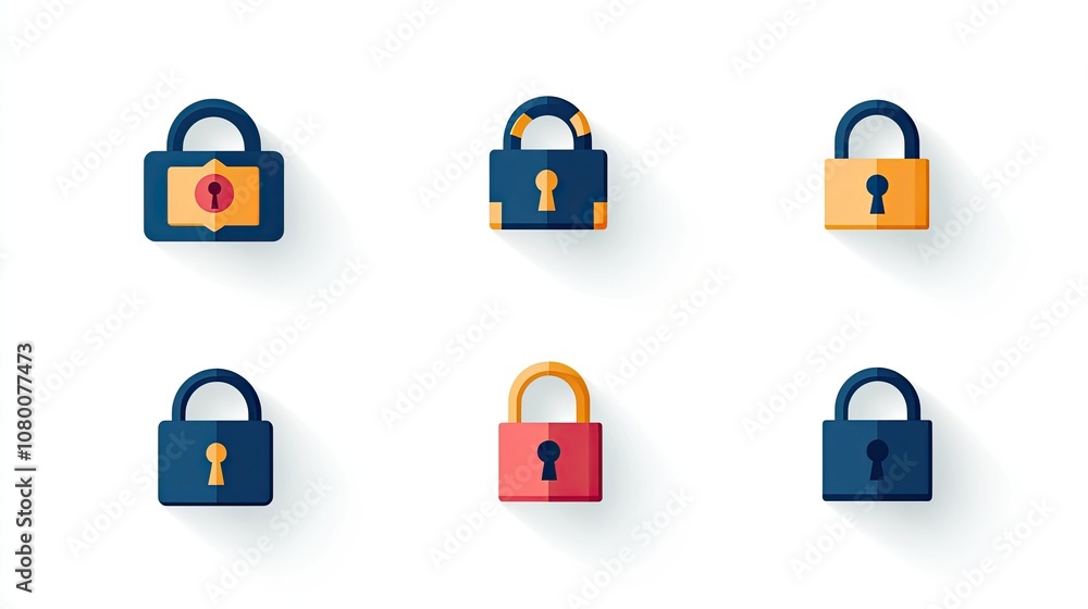 Poster colorful flat design locks illustrating security concepts, privacy protection, and data safety with 