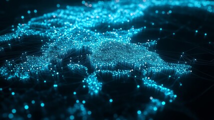 A 3D network map, with glowing mesh lines and points, on a sleek blue tech background
