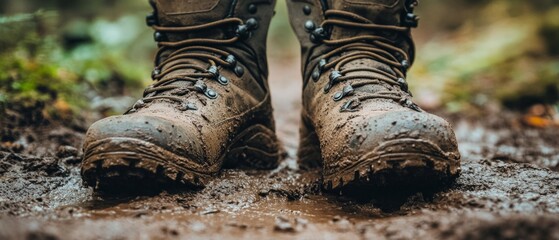 Worn hiking boots sit firmly on a muddy path, surrounded by vibrant green foliage, capturing the essence of a morning hike in nature