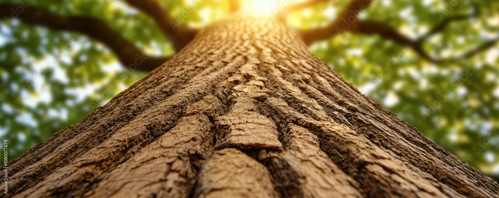 Poster close-up view of a tree trunk with sunlight filtering through the leaves above.