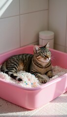 Tabby Cat Resting Comfortably in a Pink Litter Box with Beads.