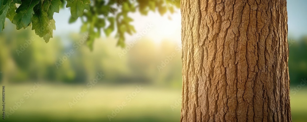 Poster tree trunk close-up with sunlight illuminating the background.