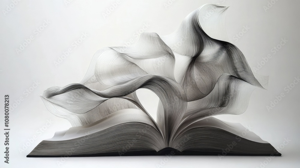 Poster Artistic Representation of an Open Book with Flowing Pages Creating a Sense of Movement and Imagination in a Minimalist Black and White Style