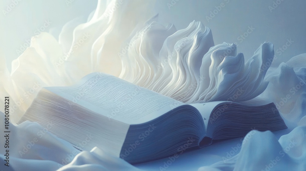 Poster artistic open book with flowing pages and abstract white background capturing the essence of knowled