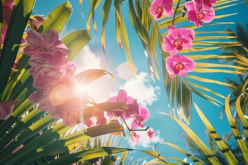 Tropical Paradise: Vibrant Orchids and Palm Leaves against a Bright Sky