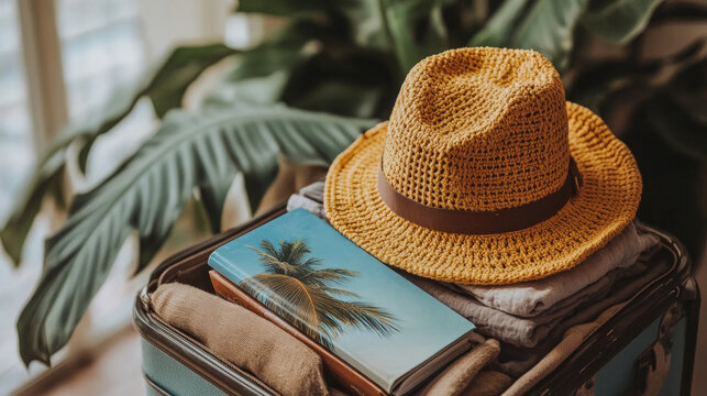 A suitcase is neatly packed with clothes, a straw hat rests on top, and a travel guide for a beach trip is visible, suggesting preparations for a getaway