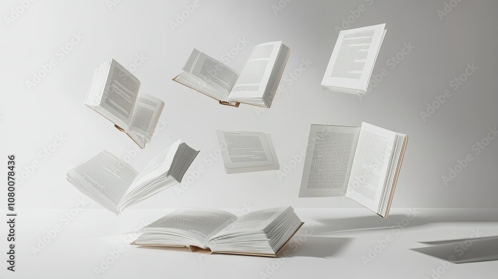 Poster floating books in mid-air with open pages capturing the essence of knowledge and learning in a minim