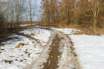 A rough trail marked by muddy tire tracks crossing a snowy forest clearing with trees and a winter landscape.