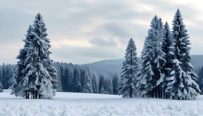 Snowy forest landscape with cloudy sky on a frosty day