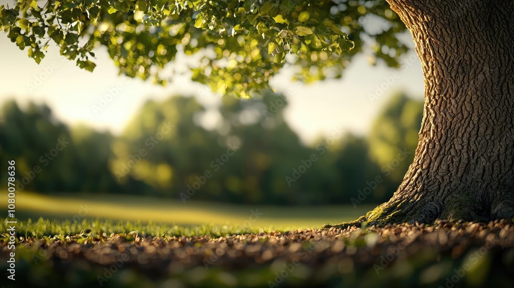 Poster a serene view of a tree trunk with surrounding greenery in soft sunlight.