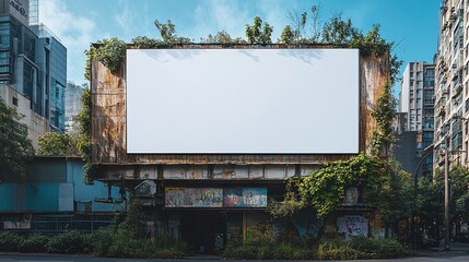 Empty White Billboard Framed by Greenery: A Clean Canvas for Advertising, Set Against an Urban Backdrop for Maximum Impact