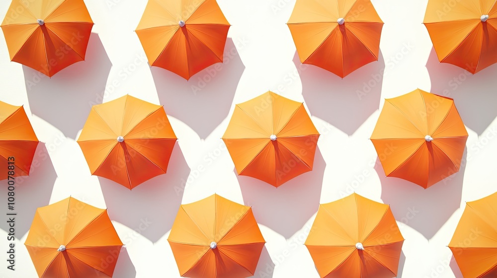 Poster vibrant orange umbrellas in a patterned arrangement on a light background creating a cheerful and pl