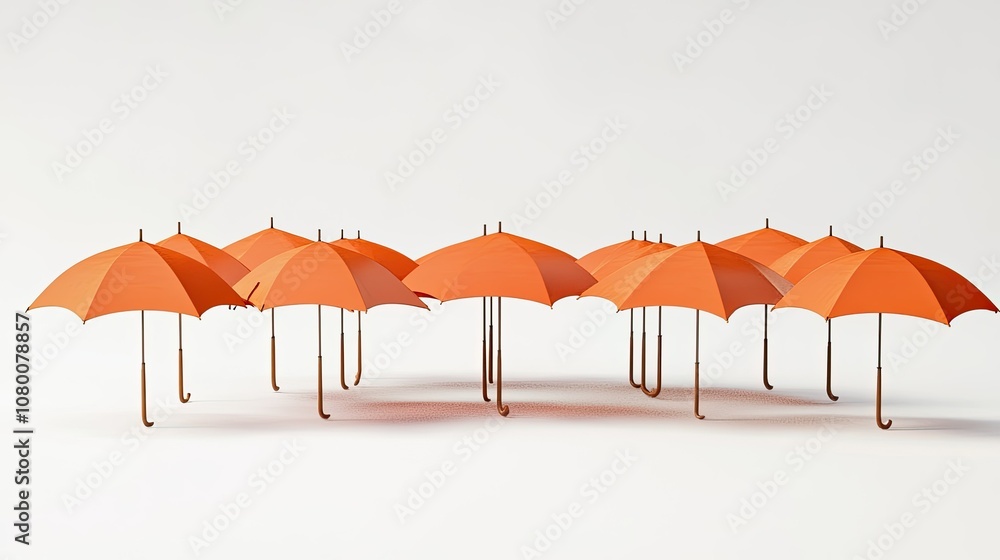 Poster a group of vibrant orange umbrellas arranged in a creative pattern on a white background for use in 