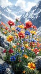 Obraz premium Vibrant wildflowers bloom in a mountainous landscape.