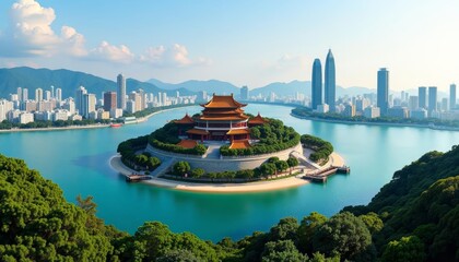  Elegant Chinese temple on serene island city skyline in distance