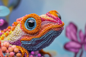 Obraz premium A beautiful, finely crafted embroidery piece depicting a vibrant creature with intricate details and bold colors. 