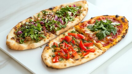 Freshly Baked Flatbread with Colorful Toppings Including Vegetables, Herbs, and Cheeses Presented on a White Serving Dish