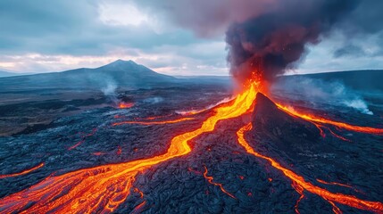 Active volcano with flowing lava and smoke against a dramatic sky.