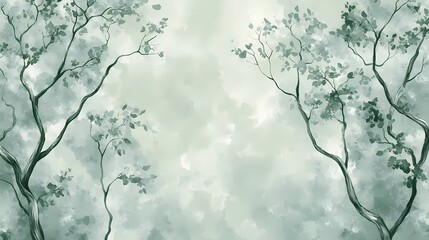 Watercolor green grey branches and leaves texture poster background
