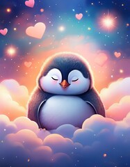 Fototapeta premium 空に広がるふわふわの雲の上で、お昼寝するペンギンの赤ちゃん。 ふわふわ丸い体で、穏やかな表情をしている。 背景には星やハートが散りばめていて、全体が夢のようなシーンに包まれている