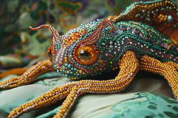 Fototapeta premium A beautiful, finely crafted embroidery piece depicting a vibrant creature with intricate details and bold colors. 