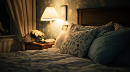 A Bedside Lamp Illuminates a Made Bed With Pillows