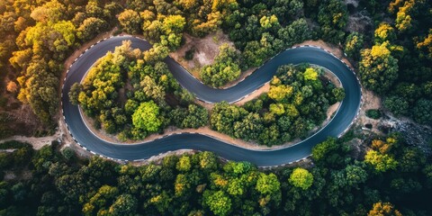 Fototapeta premium Aerial View of Winding Road Through a Forest.