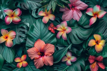Fototapeta premium Vibrant Tropical Floral Garden with Vibrant Hibiscus Flowers and Lush Foliage
