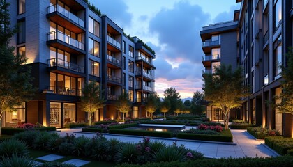 Contemporary Multi-Story Apartment Complex at Twilight with Courtyard.