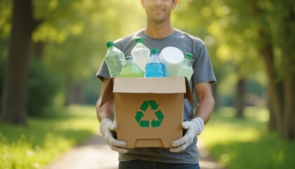 Person with Recycling Bin Full of Plastic Bottles and Paper Outdoors