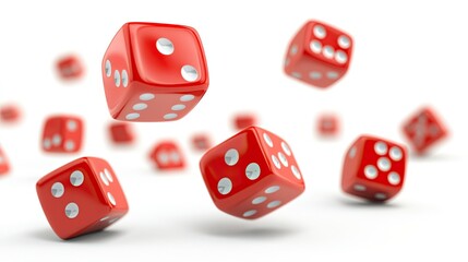 A Collection of Red Dice in Motion on a White Background, Perfect for Games, Luck, and Randomness, Creating a Dynamic and Playful Atmosphere in Every Frame