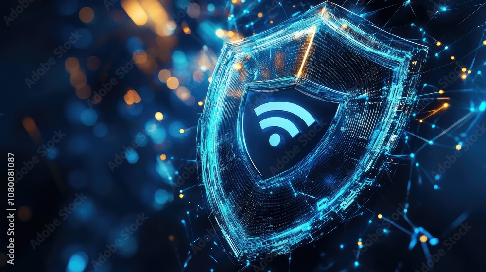 Poster futuristic shield icon representing digital security with wi-fi symbol and abstract connections in a