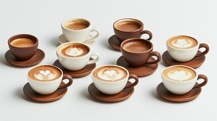 A Beautiful Arrangement of Various Cups of Coffee Featuring Latte Art on Saucer in Different Colors for Coffee Lovers and Aesthetic Enjoyment