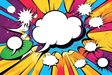 Comic books dialog bubbles. Cartoon book superhero scrapbook page template, empty comical speech clouds, graphic art frame layout template illustration. Pop art background with blank balloons