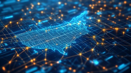 A 3D USA map, covered in glowing mesh lines and connected nodes, floating on a vibrant blue tech background 
