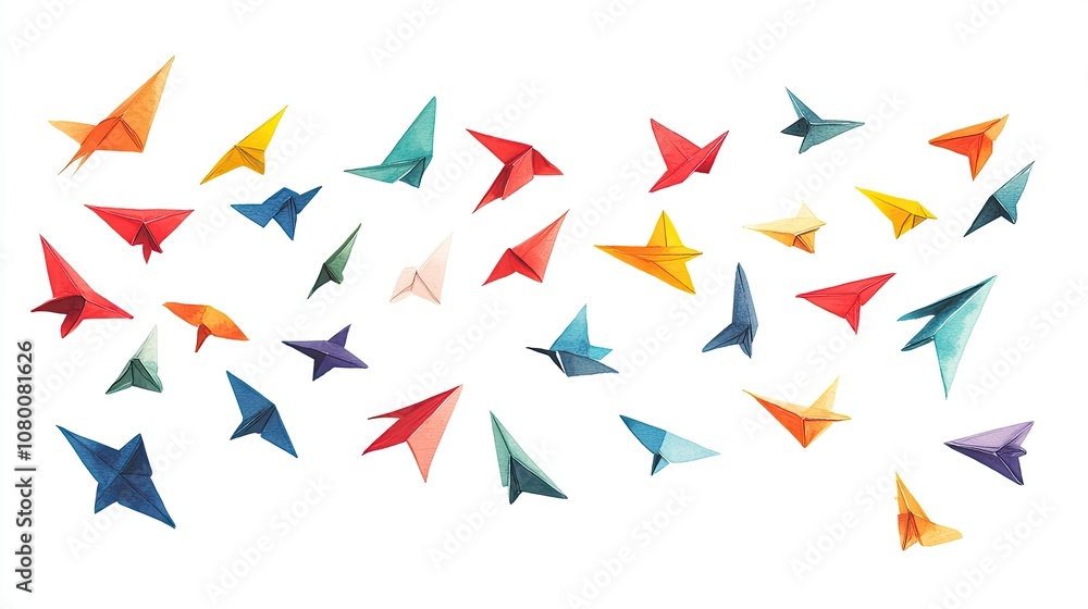 Poster colorful origami paper planes in various shapes and sizes flown against a white background creating 