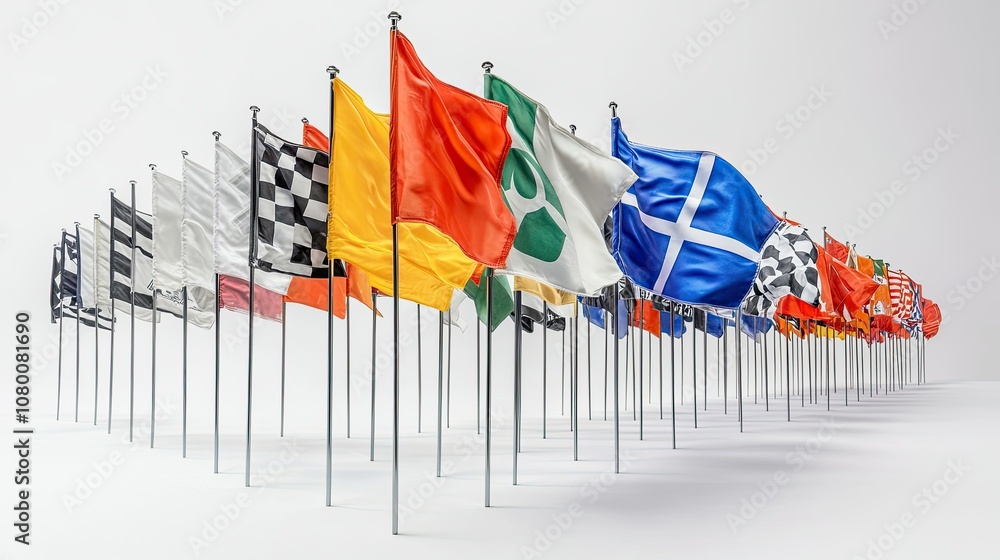 Poster a dynamic display of colorful flags in motion, representing diversity and unity across nations and c